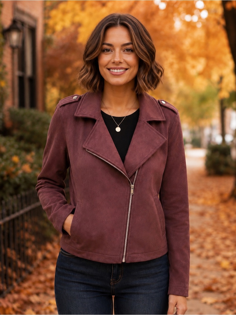 LC Lauren Conrad Burgundy Faux Suede Moto Jacket Medium Fall Zip Coat